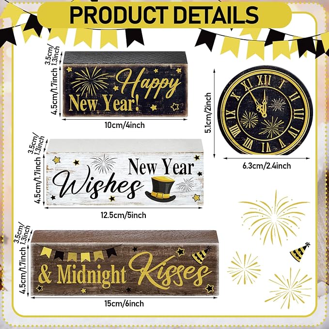 4 Pcs New Year Table Decoration Eve Party Supplies 2026 Gold Black Tiered Tray Decor Happy New Year Centerpiece Rustic Decorative Clock Block Signs Gift for Home Eve Party Decoration