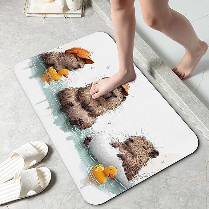 Cute Capybaras Swim Bath Mat 29.5"x17",Slim Low-Profile Fast Drying Super Absorbent Bathroom Rug with Non-Slip Backing, Easy-Clean Modern Floor Mat for Tub, Shower, or Entryway