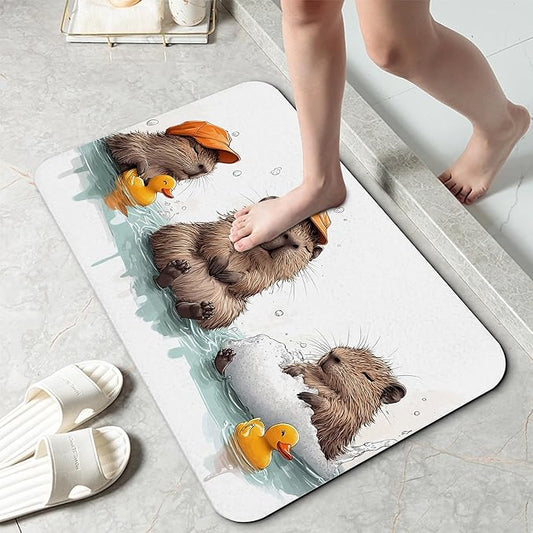 Cute Capybaras Swim Bath Mat 29.5"x17",Slim Low-Profile Fast Drying Super Absorbent Bathroom Rug with Non-Slip Backing, Easy-Clean Modern Floor Mat for Tub, Shower, or Entryway