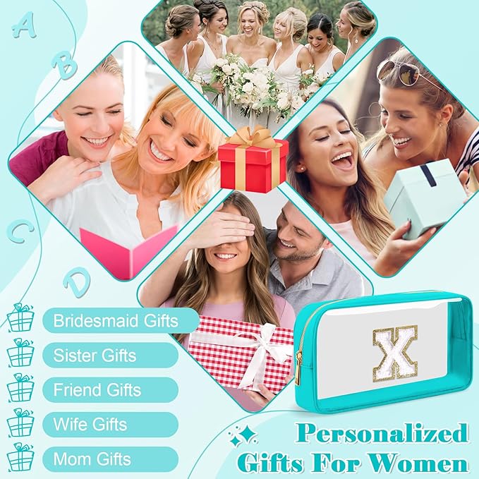 Personalized Initial Letter Clear Makeup Bag,Preppy Small Nylon&PVC Cosmetic Zipper Bag with Chenille Letter,Portable Beach Travel Skincare Toiletry Bag,Trendy Monogram Gift for Teen Girls Women,X