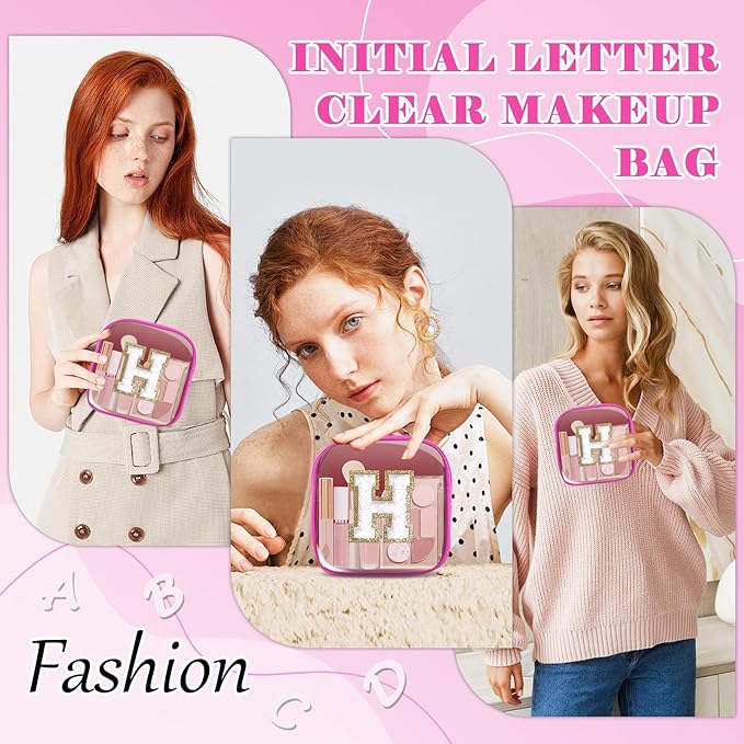 Personalized Initial Letter Clear Preppy Makeup Bag,Mini Nylon Chenille Letter Cosmetic Bag Cute Zipper Pouch Coin Purse for Teen Girls,Portable TSA Approved Travel Essentials Bag Gift for Women,H