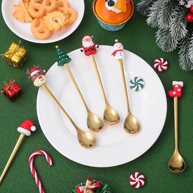 Cabilock 6Pcs Christmas Coffee Spoons, Stainless Steel Stirring Spoons for Tea Coffee Ice Cream Dessert, Gold Decorative Christmas Teaspoon for Xmas Holiday Party Favors