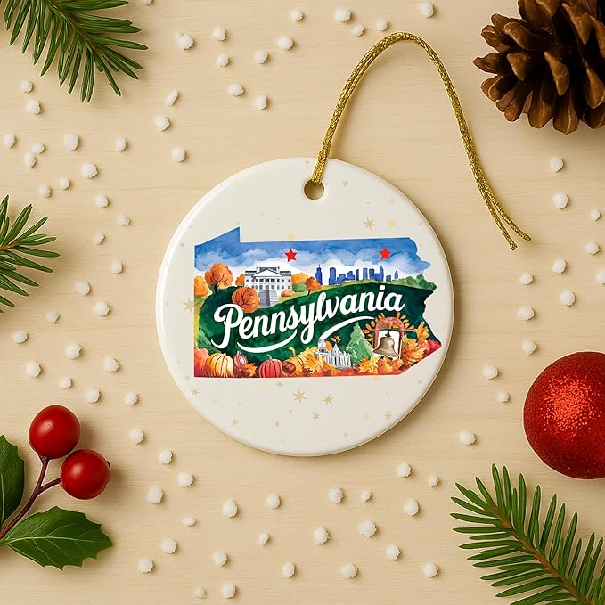 USA State Landmark Ceramic Ornament – Round Glossy Christmas Decoration Featuring U.S. State Art, Landmarks & Holiday Scenery – Collectible Travel Souvenir Ornament Series (Pennsylvania)