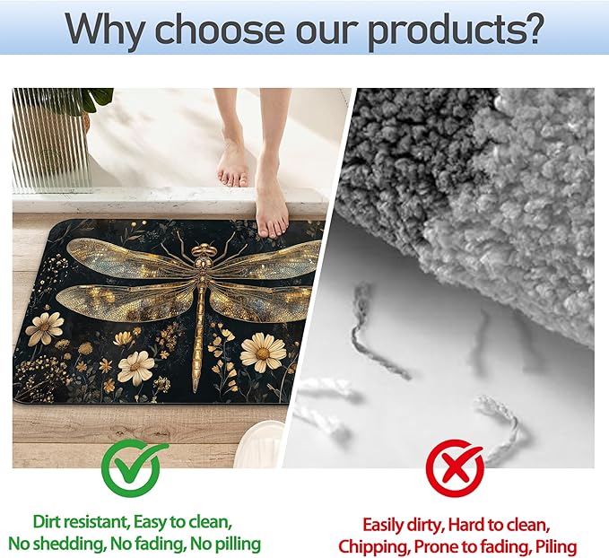 Vintage Dragonfly Bathroom Rug 29.5"x17",Flowers Quick-Drying Super Absorbent Diatomite Bath Mat with Non-Slip Backing, Thin Washable Bathroom Floor Mat Fits Under Door for Shower, Sink, or Tub