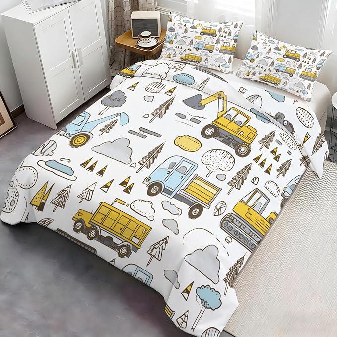Cartoon Excavator Truck Duvet Cover California King Construction Vehicles Bedding Set Forest Road Construction Comforter Set Hand-Drawn Kids Engineering Vehicle Duvet Cover with Zipper Ties