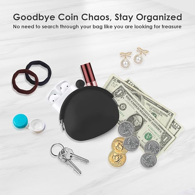 Coin Purse for Women – Silicone Small Coin Pouch with Kiss Lock for Coins, Keys, Lipstick, and Earphones – Mini Cute Change Purse, Coin Purse & Pouch for Daily Life, Cars, Travel, Party (Black)