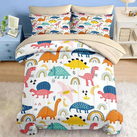 Comforter Set Full Size, Wildlife Baby Dino 7 Pcs Bedding for Kids and Adults, Dinosaur Nursery Rainbow Bed Sheet Sets with Fitted Sheet 2 Pillowcases & 2 Shams for Bedroom Bed Decor