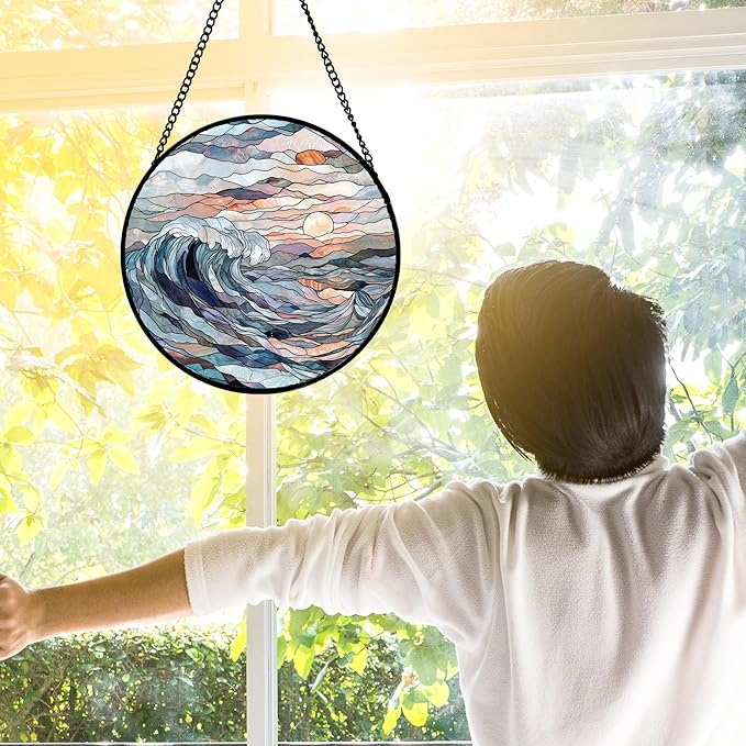 Stained Glass Window Hanging, Sunrise Waves Sun Catchers Diamond Glass Panel Hangings Abstract Suncatcher Decor for Birthday for Women, Men, Wife, Aunt, and Mom 7.8 in