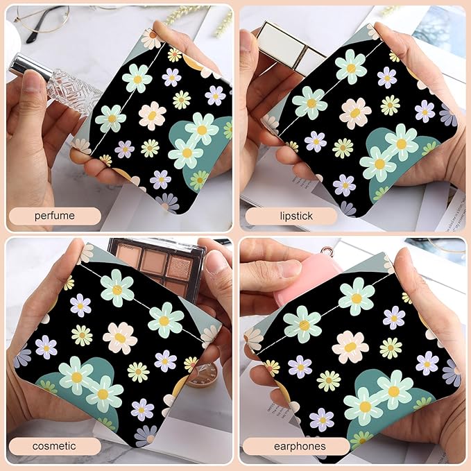 2Pcs PU Leather Small Squeeze Coin Purse Pouch Mini coin Bag Unique And Cute Wallet Cosmetic Bags Change Bag For Women Girls Men （Black Powder Line Flower