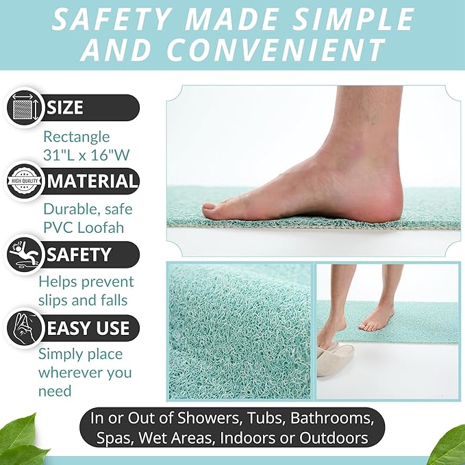 Non Slip Bathtub Mat Shower Mat for Tub - Loofah Bath Mats for Bathroom - 31x16 Bathtub Floor Mat - Textured Anti Slip Bath Mat Without Suction Cups - Secure Mat for Wet Areas (31x16 Aqua Green)