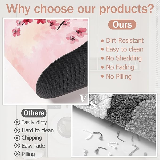 Pink Flower Bath Mat,Cherry Blossom Diatomaceous Earth Bath Mat,Rubber Backing Quick Dry Absorbent Washable Bathroom Rugs for Tub Non Slip 17"x29.5"