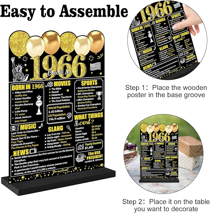 Black Gold 60th Birthday Decorations Gifts for Men Women, Two-Sided Vintage 60 Back in 1966 Theme Poster Wooden Table Sign with Stand, Sixty Years Old Bday Centerpieces Holder for Table Decor