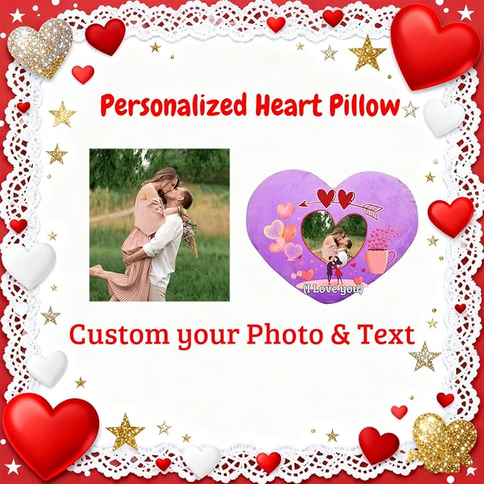 Custom Heart Pillow with Photo Text, Personalized Heart Shaped Pillow with Insert as Valentine Pillows Home Decor Personalized Gifts for Husband Wife Kids Family on Valentines Day Anniversary