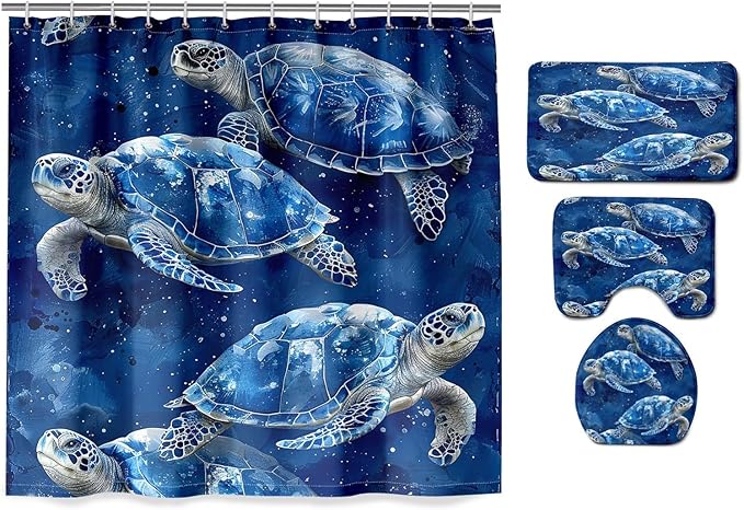 Sea Turtle Shower Curtain - 4 Pcs Turtle Bathroom Shower Curtain Sets with Rug Turtle Shower Curtains for Bathroom Sea Turtle Bathroom Decor for Bathroom Decor with 12 Hooks