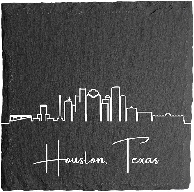 Blue Ridge Mountain Gifts - Houston TX Skyline Coasters, Set of 4 - Houston Texas Souvenir, Slate Coasters with Minimalist Skyline, Housewarming Gift for Friends, Family, & Neighbors