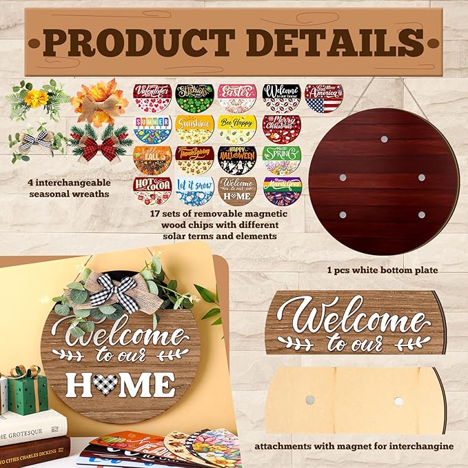 Vicenpal 22 Pcs Interchangeable Welcome Sign for Front Door with 17 Magnetic Icon Wooden Seasonal Front Porch Door Decor with 4 Seasonal Wreaths for Holiday Halloween Christmas Gift(Dark Brown,Novel)