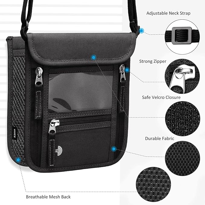 WALNEW Passport Holder Neck Pouch Travel Wallet for Women and Men, RFID Blocking Security Slim Traveling Wallet with Around Neck Lanyard Strap