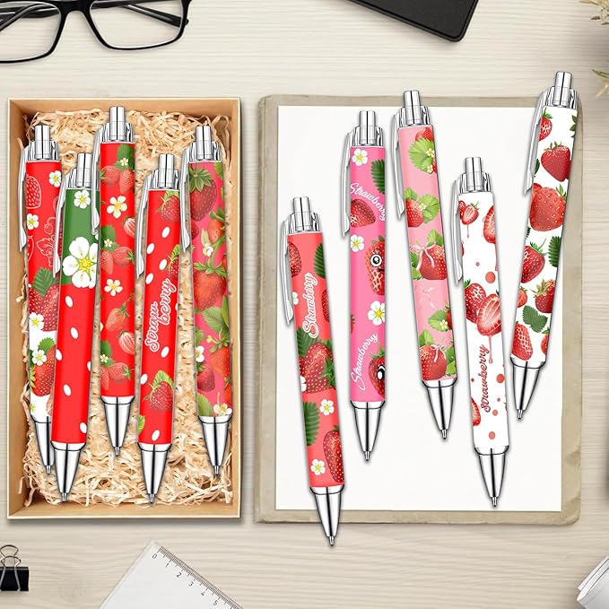 Idealmuzik Strawberry Theme Ballpoint Pens Set of 8 – Cute Strawberry Pattern Design with Smooth Black Ink – Aesthetic Writing Pens for Office, Home, Party Favors, and Gifts