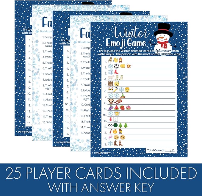 DISTINCTIVS Winter Holiday Party Games Emoji Picture Guessing and Fact or Flake Winter Trivia 2 Game Bundle for Kids - 25 Dual Sided Cards