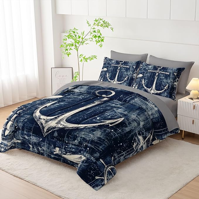 7Pcs Nautical Anchor Comforter Set Ocean Sailboat Printed Bedding Set with 1 Comforter, 1 Flat Sheet, 1 Fitted Sheet and 4 Pillowcases for Bedroom All Season(Anchor Twin)