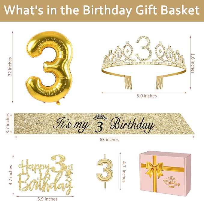 3rd Birthday Decorations for Girls with 3rd Birthday Sash and Toddler Crown, Cake Topper and Candle 3, Number Balloon, 3 Year Old Girl Gifts