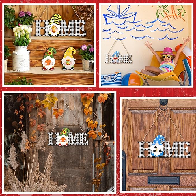 Yookeer 13 Pcs Interchangeable Gnome Home Sign Wood 3D Christmas Winter Seasonal Door Decor Rustic Farmhouse Home Decoration for Holiday Wall Decor Gift(Black and White)