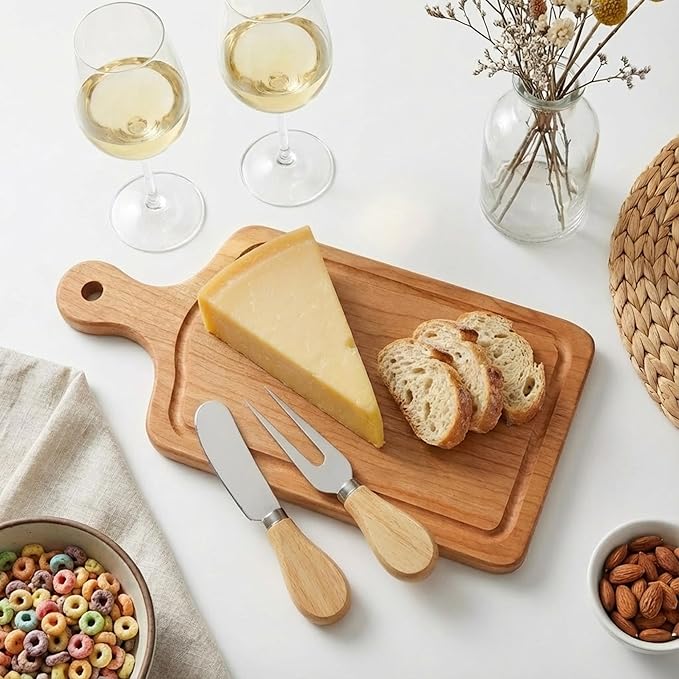 1 Set Bridal Baby Shower Cheese Prizes Wooden Square Board Gift Set Knives Forks Thank You Tags with Box for Guests for Valentines Bridal Baby Shower Housewarming (Cherry Wood)