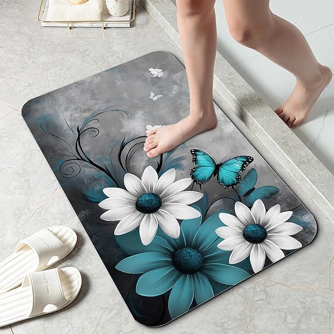 Abstract Blue Daisy Bathroom Rug 29.5"x17", Butterfly Bath Mat with Non-Slip Rubber Backing, Quick-Drying Absorbent Thin Floor Mat for Bathroom, Shower, Sink, or Kitchen