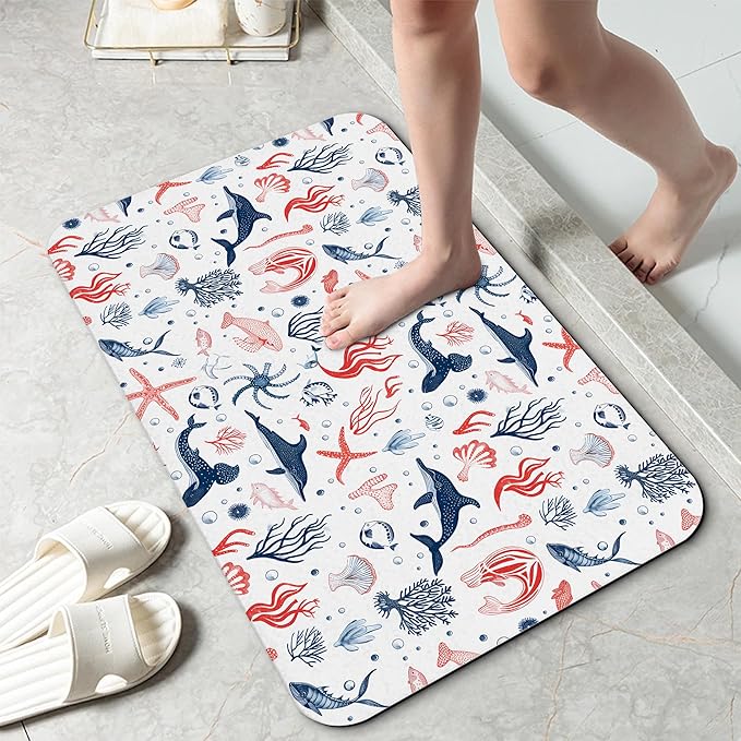 Cartoon Dolphin Bathroom Rug 29.5"x17",Shells Corals Quick-Drying Super Absorbent Diatomite Bath Mat with Non-Slip Backing, Thin Washable Bathroom Floor Mat Fits Under Door for Shower, Sink, or Tub