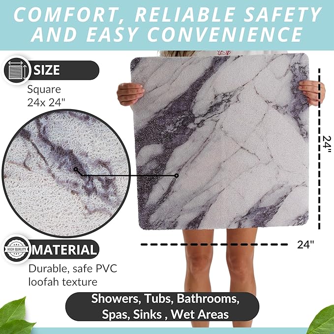 Enkosi Loofah Shower Mat Non Slip – Square Anti Slip Bath Mat for Inside Showers, Bathtub, Tub, Bathroom - Cushioned, Quick Dry PVC with Drain Holes - Secure Grip Safety Pad (Marble Grey Blue 24x24)