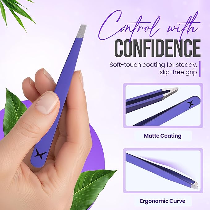 Slanted Stainless Steel Tweezers for Men & Women - Precision Eyebrow Tweezers for Facial Hairs, Strong Grip, Fine Tip, Professional Tweezer for Plucking & Grooming (Purple)