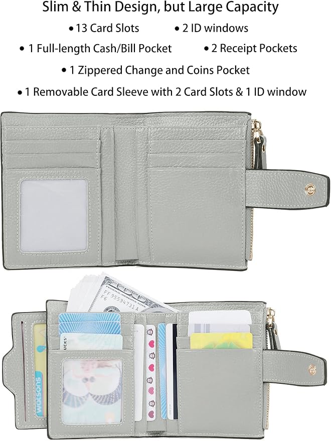 AINIMOER Women's RFID Blocking Leather Small Compact Bi-fold Zipper Pocket Wallet Card Case Purse with id Window