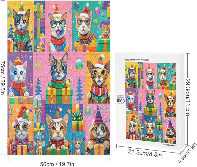 Wooden Puzzle 1000 Pieces Adult - Christmas Dog Cat Puzzle Christmas Puzzles, Holiday Puzzles, Family Toys, Party Games, Jigsaw Puzzle Challenge and Funny