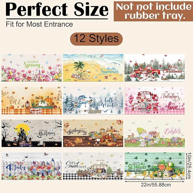 Nuanchu 12 Pcs Seasonal Door Mat Interchangeable Doormat Inserts Entrance Welcome Mats 22 x 10 Inches Non Slip Mats Gifts for Front Door Christmas Thanksgiving Decoration (No Frame)(Vivid)