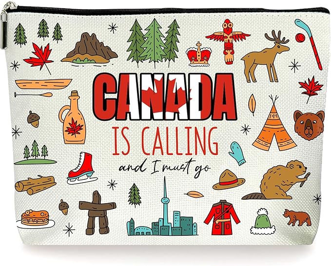 Canada is Calling Makeup Bag with Zipper - Vibrant Canadian Themed Cosmetic Case Souvenirs, Colorful Travel Vacation Essentials. (098)