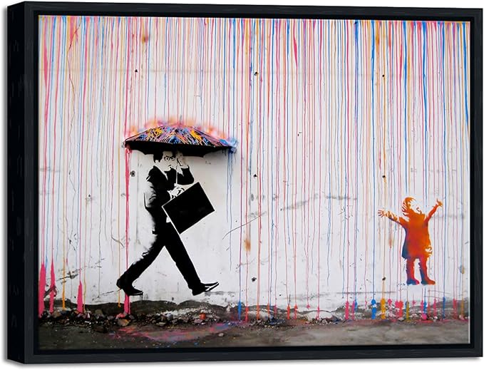 Wieco Art Framed Banksy Raining Day or Colorful Graffiti Street Famous Canvas Paintings Wall Art Modern Inspirational Grey Love Pictures Print Artwork for Home Office Decor