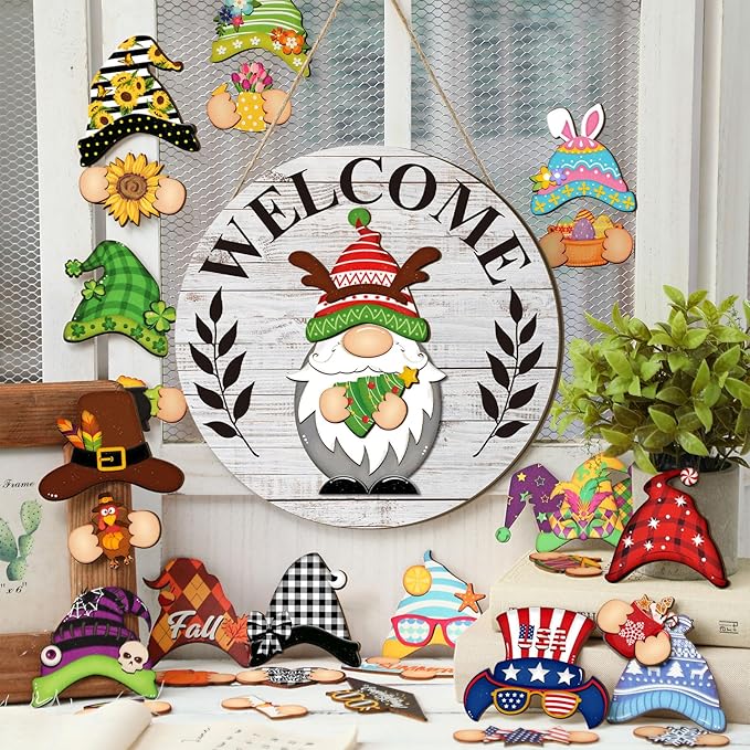 Qunclay Interchangeable Wooden Gnome Decor Holiday Seasonal Gnome Decorations with Magnet Pieces and Detachable Hats Changeable Welcome Sign for Home(White)