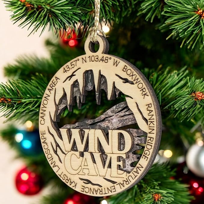 Wind Cave National Park with Natural Entrance - Scene 3" Wood Christmas Ornament- Laser Cut in USA