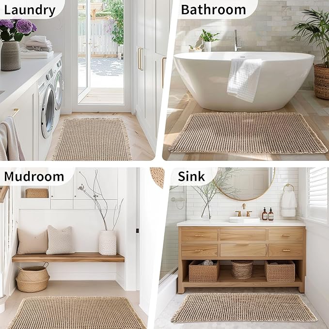 Waffle Bath Mat - Boho Bathroom Rugs Non Slip Washable, Super Absorbent & Quick Dry, Small Bath Mats Farmhouse Bathroom Decor, 18'' x 30'', Khaki