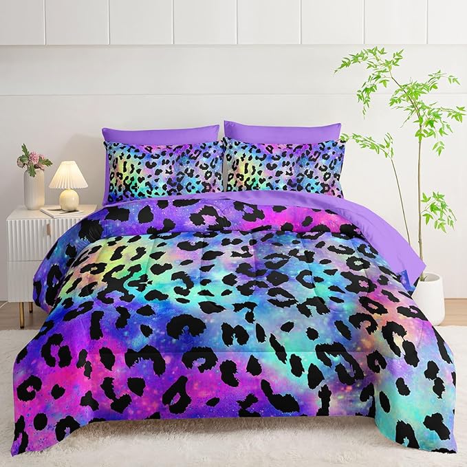 7Pcs Comforter Set Purple Leopard Printed Bedding Set with 1 Comforter, 1 Flat Sheet, 1 Fitted Sheet and 4 Pillowcases for Boys and Girls Bedroom All Season(Twin)