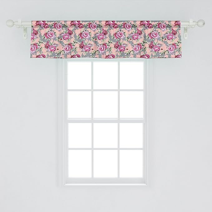 Ambesonne Peony Window Valance Pack of 2, Repetitive Vibrant Tones Modernized Flowers Print, Rod Pocket Curtain Valances for Kitchen Bedroom, 54" X 12", Pink Blush Grey
