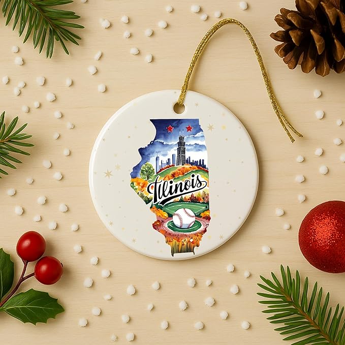 USA State Landmark Ceramic Ornament – Round Glossy Christmas Decoration Featuring U.S. State Art, Landmarks & Holiday Scenery – Collectible Travel Souvenir Ornament Series (Illinois)