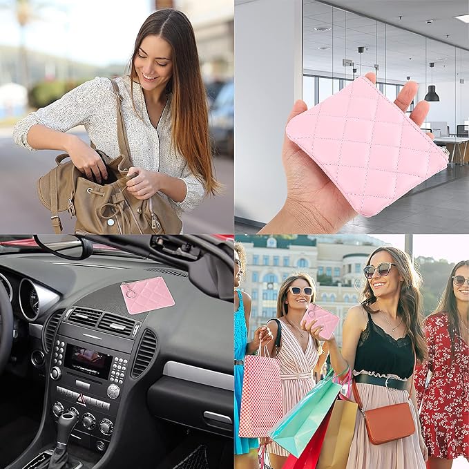 Real Leather Coin Purse with Rhombus Embroidery Zipper Keychain Mini Wallet for Women & Men (Pink)
