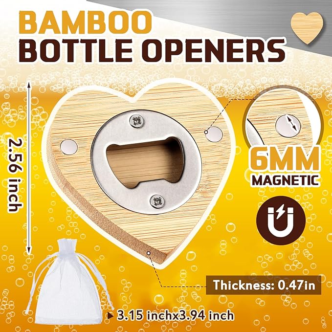 Vesici 24 Pcs Magnetic Bottle Opener 2.5in DIY Bamboo Heart Shape Beer Openers Wooden Fridge Magnet Refrigerator Sticker Gift for Beer Lover Wedding Guest Kitchens Bars Parties