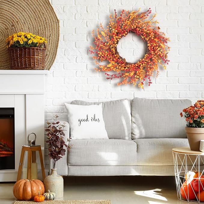 24 Inch Fall Front Foor Wreath, Orange Berries Leaves Grapevine Wreath for Farmhouse Window Hanging Home Decor