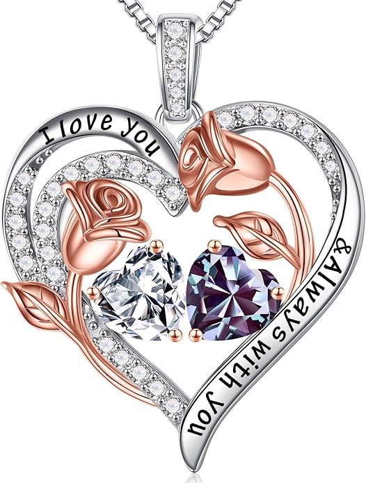 Iefil Valentines Day Gifts for Her - 925 Sterling Silver Rose Heart Birthstone Necklace Birthday Anniversary Jewelry Gifts for Her Wife Mom Daughter