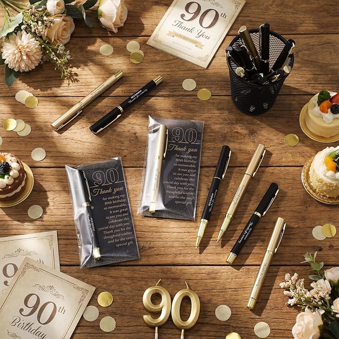 30 Set 90th Birthday Party Favor for Guest Anniversary Party Favor with Black and Gold Ballpoint Pens and Thank You Cards for Women Men Birthday Anniversary Appreciation Gifts