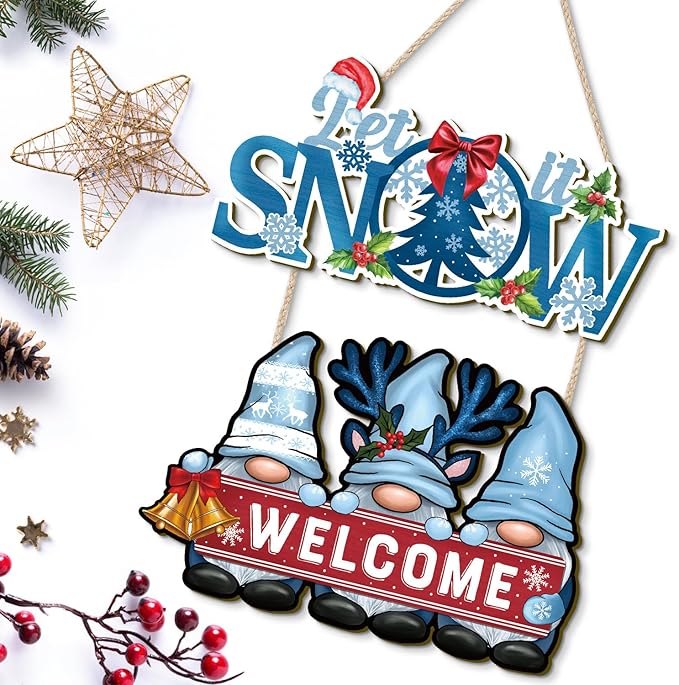 CHDITB Let it Snow Wooden Sign, Winter Welcome Wood Hanging Plaque, Dwarfs Front Door Sign for, Snowflake Wall Art Sign Hanger, Dwarf Seasonal Wall Decor for Outdoor Porch Yard Home Decor