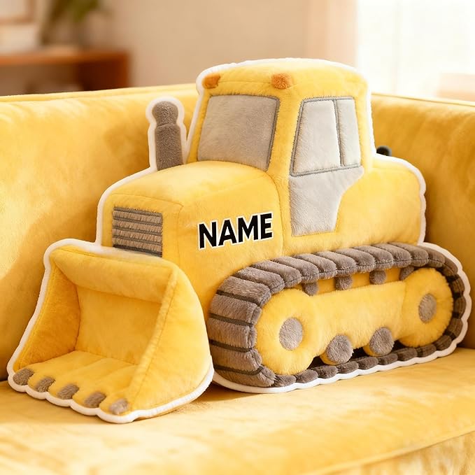 Personalized Bulldozer Shaped Pillow, Custom Name Plush Stuffed Pillows for Kids, Suitable for Beds, Sofas, Bedrooms, Living Rooms Custom Decorative Cushion Gifts for Birthday and Anniversary