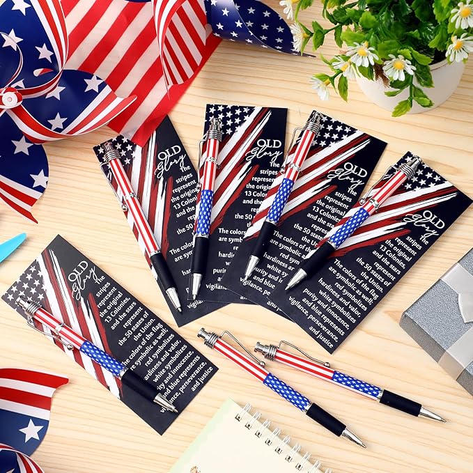 10 Sets American Flag Ballpoint Pens Bulk USA Patriotic Themed Black Ink Retractable Pen Stars Stripes Bookmarks Stationery Easter Party Gifts for Home Office Army Veterans Souvenirs